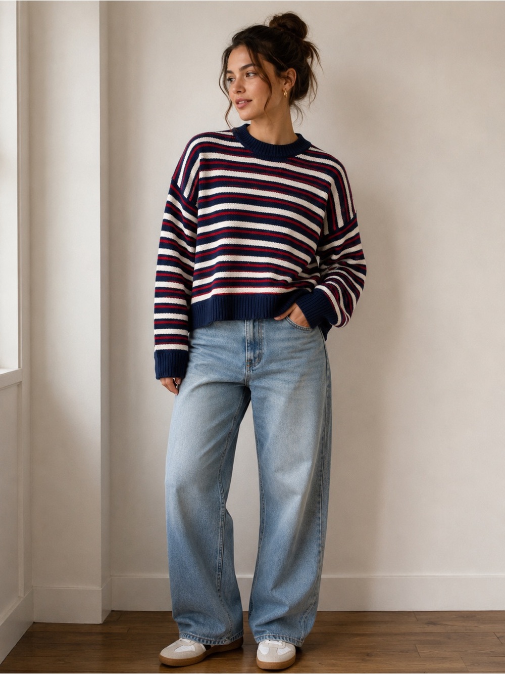 American Eagle Size Small Striped Crew Neck Oversized Knit Sweater Cotton Blend